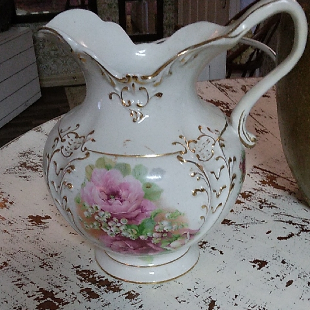 Floral White and Gold Pitcher